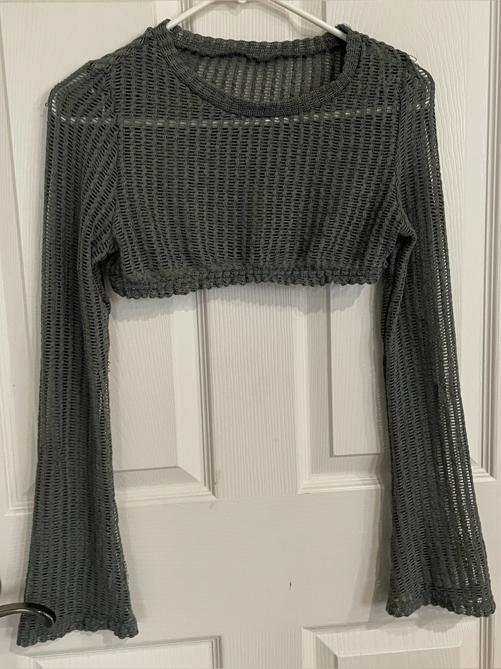 Sage Green Long Sleeve Knitted Mesh Crop Top Y2K